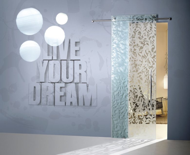 Sliding door / glass / sandblasted / decorative