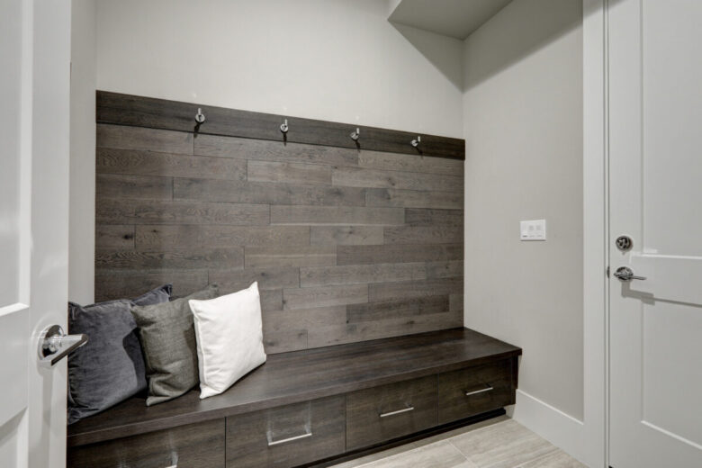 Gray,Foyer,Features,Half,Wood,Plank,Accent,Wall,With,Built-in