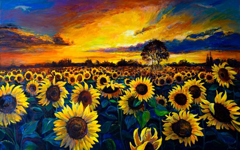 Oil,Painting.,Sunflower,Field.,Modern,Art.
