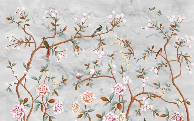 Trees,Flowers,And,Birds,Background,Wall,Paper,3d,Living,Room