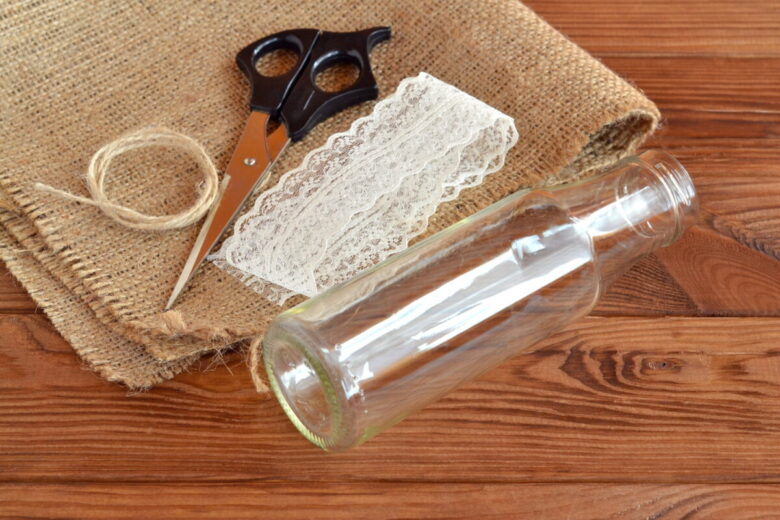 Glass,Bottle,,Scissors,,Burlap,,Cord,,Lace.,Set,For,Handmade,Vase.