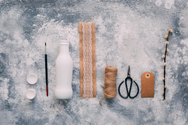 Homemade,Diy,Glass,Bottle.,Scissors,,Burlap,,Handmade,Vase,On,A