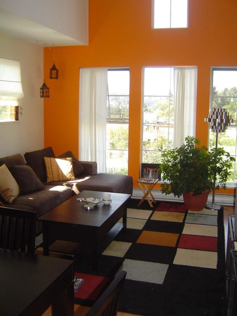 Gorgeous Orange Living Room Ideas White Curtain Brown Sofa