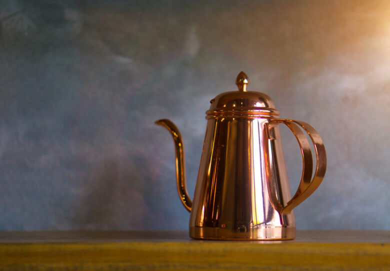 Copper,Coffee,Pots,On,Wood,Shelf,For,Home,Interior.