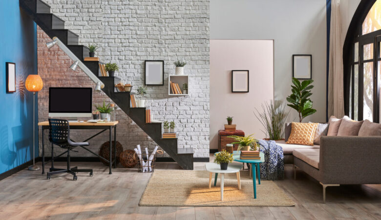 Modern,Living,Room,,White,Brick,Wall,,Wooden,Desk,And,Desktop