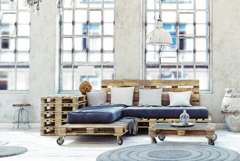 Attic,Living,Room,Interior.,Pallet,Furniture,.3d,Illustration