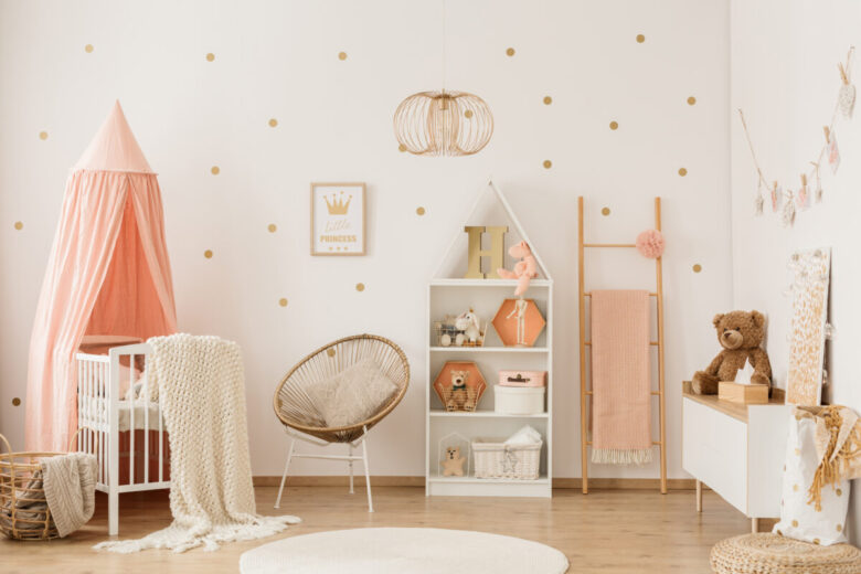 Plush,Bear,On,White,Cupboard,In,Scandi,Child's,Bedroom,Interior