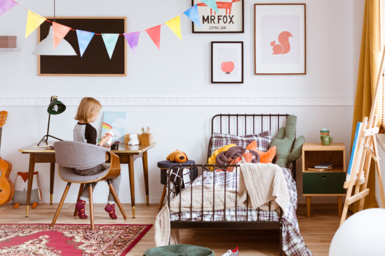 Cute,Little,Girl,Sitting,At,Desk,In,Her,Stylish,Vintage