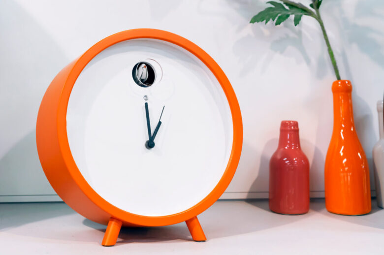 Orange,Cuckoo,Alarm,Clock,In,Modern,Interior.