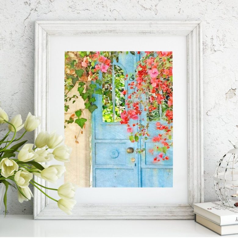 shabby chic wall art decor - Blue Cottage Door Watercolor fine art print rustic french