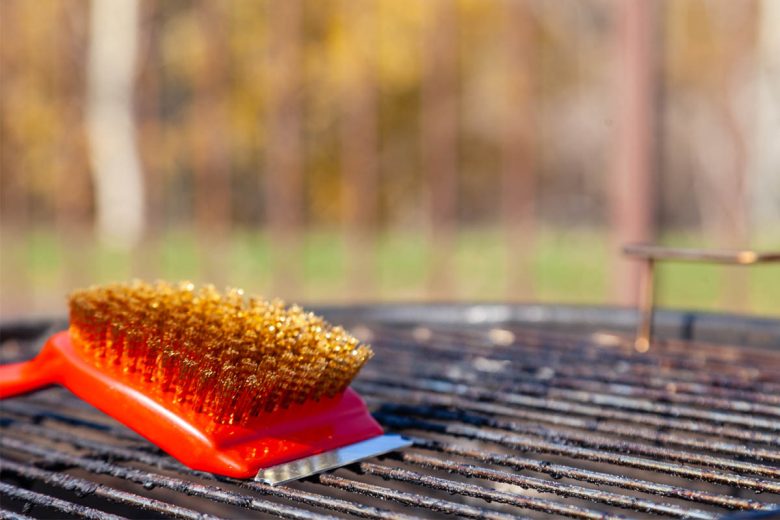 Close-up of a red brush with golden bristles and a scraper for cleaning a barbecue grill grate. The concept of cleaning after lunch in open air, picnic, barbecue, lunch
