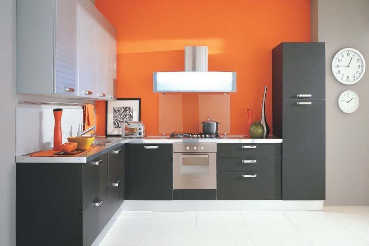 modern style kitchen design with orange stained wall also