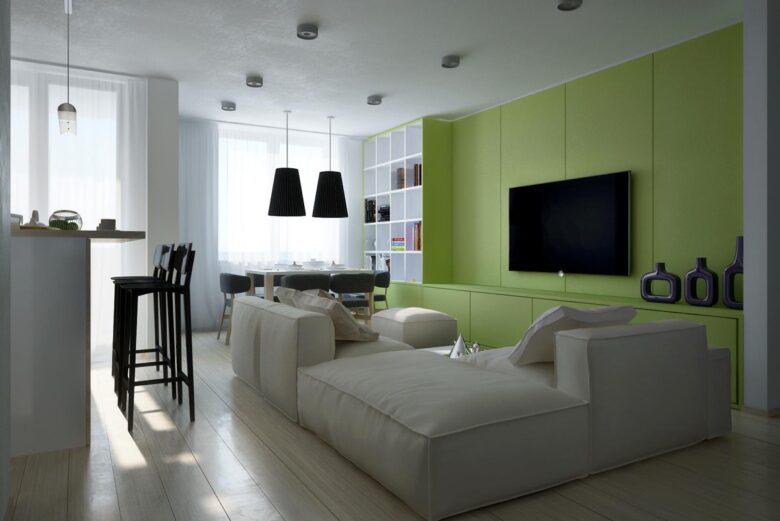 soggiorno-verde-oliva-parete-tv