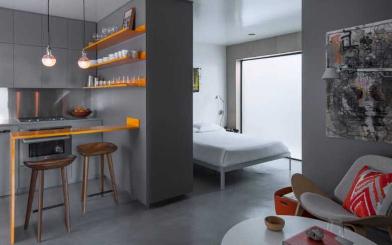stylish-gray-interior-apartments-gray-walls-in-the-apartment-orange-kitchen-furniture-apartment-project