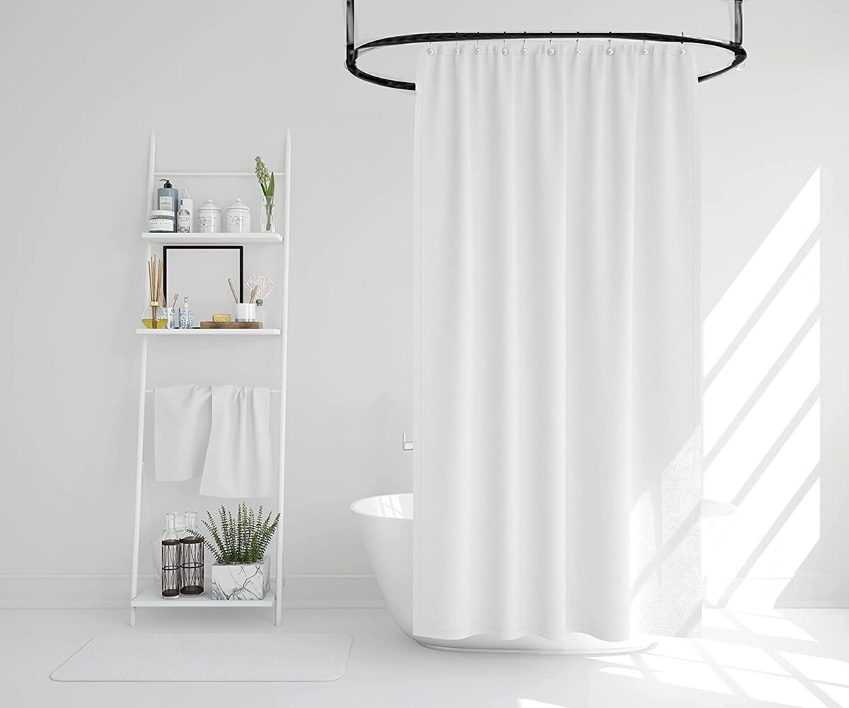 Set Bagno 4 Pezzi YOKYHOM | Tenda E Tappeti Antiscivolo | Blu Scuro | Design Geometrico