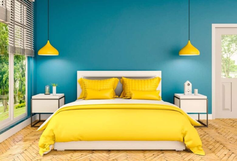 Pareti color ciano camera da letto
