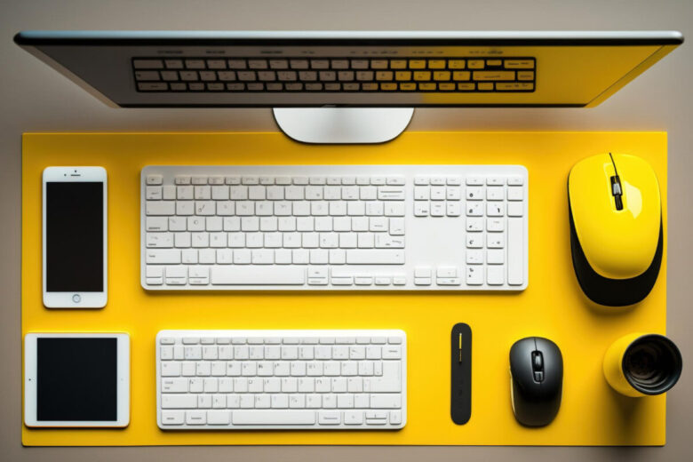 computer-flat-lay-top-view-yellow-desk-with-pc-monitor-aluminum-keyboard-magic-mouse-smartphone-pen-this-is-designers-workstation