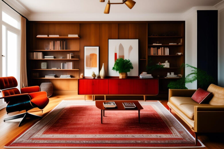 living-room-with-red-couch-coffee-table-bookcase-with-picture-it