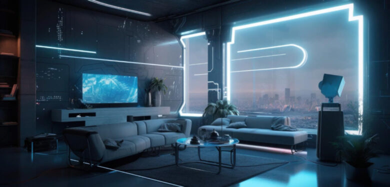living-room-with-couch-tv-wall-that-says-cyberpunk-it