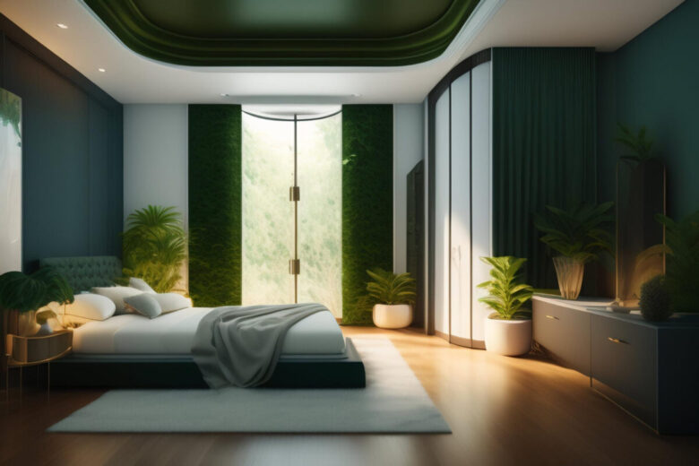 bedroom-with-green-ceiling-bed-with-white-sheet-it