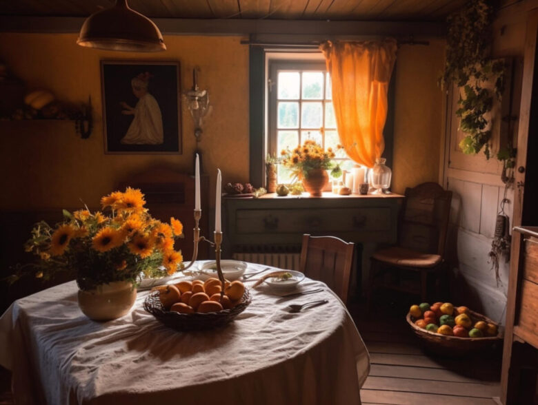 dining-room-with-table-with-flowers-basket-fruit