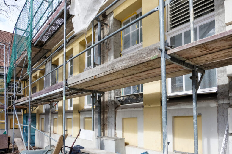 Construction,Site,Concept:,Renovation,Of,A,Listed,Building,With,Scaffolding