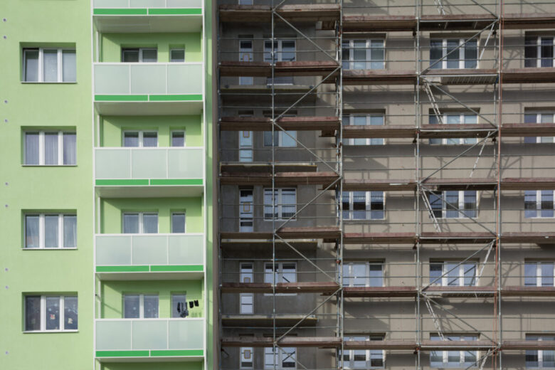 Apartment,Building,With,Scaffolding.,Apartment,Building,Thermal,Insulation,Mineral,Wool