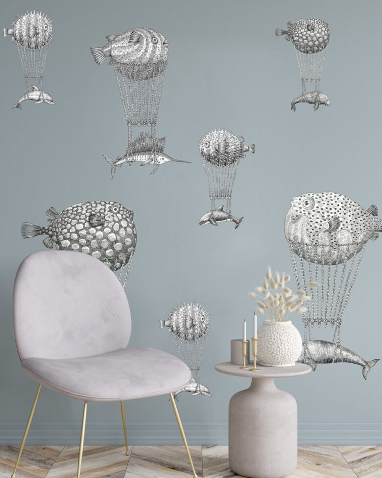 Montgolfier fish wallpaper light blue