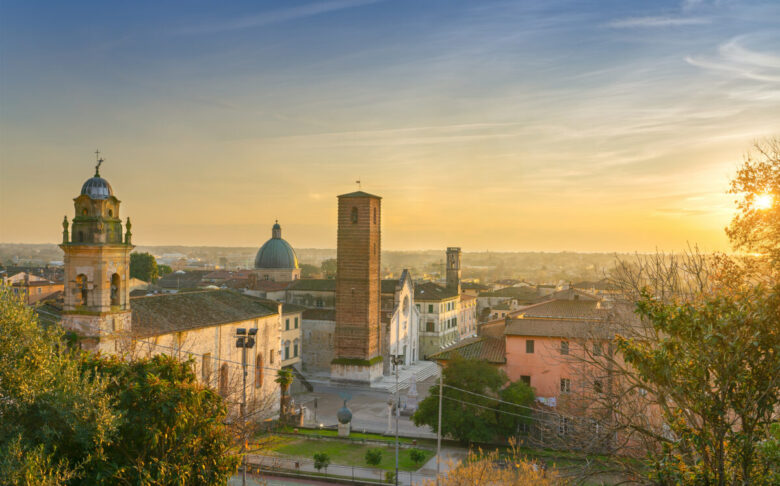 Pietrasanta old town aerial view at sunset, Versilia Lucca Tusca