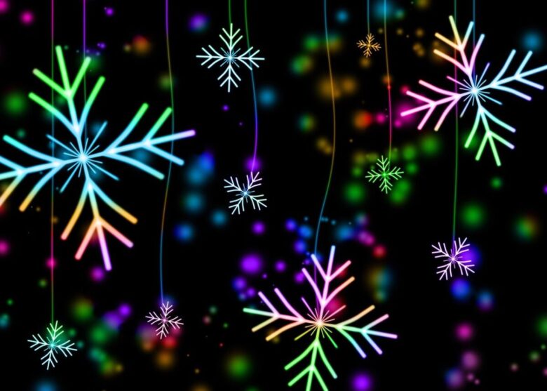 snowflakes, lights, background, snow, winter, christmas, holiday, december, cold, decoration, pattern, colorful, ornament, nature, xmas