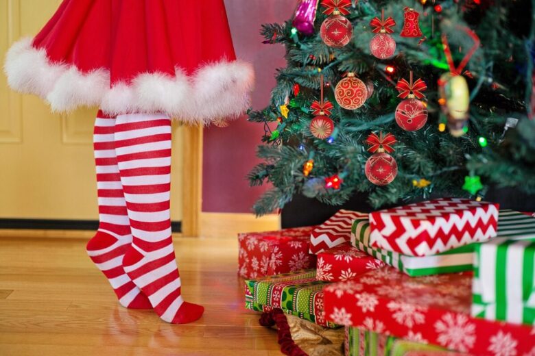 merry christmas, christmas tree, santa, woman, decoration, gifts, presents, gift boxes, socks, feet, girl, christmas, celebration, xmas, holiday, december, elf, santa's elf, closeup
