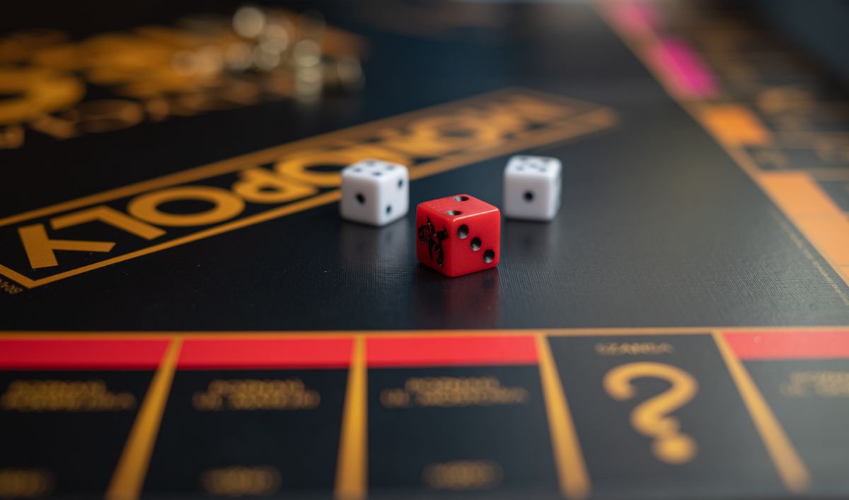 High-quality close-up photo of dice on a classic Monopoly board game, highlighting the gaming experience. High-quality close-up photo of dice on a classic Monopoly board game, highlighting the gaming experience.