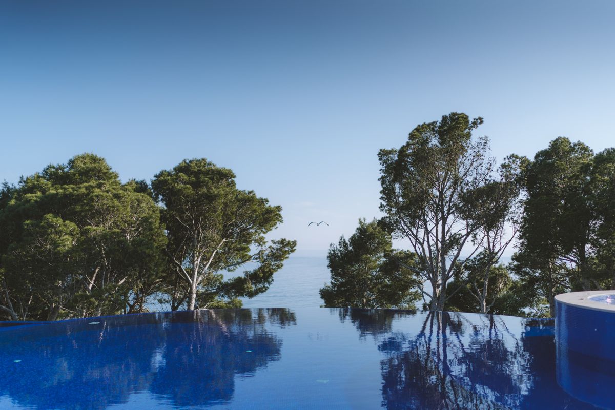 Infinity pool reflecting calm blue skies and lush trees, featuring a serene ocean view. Infinity pool reflecting calm blue skies and lush trees, featuring a serene ocean view.