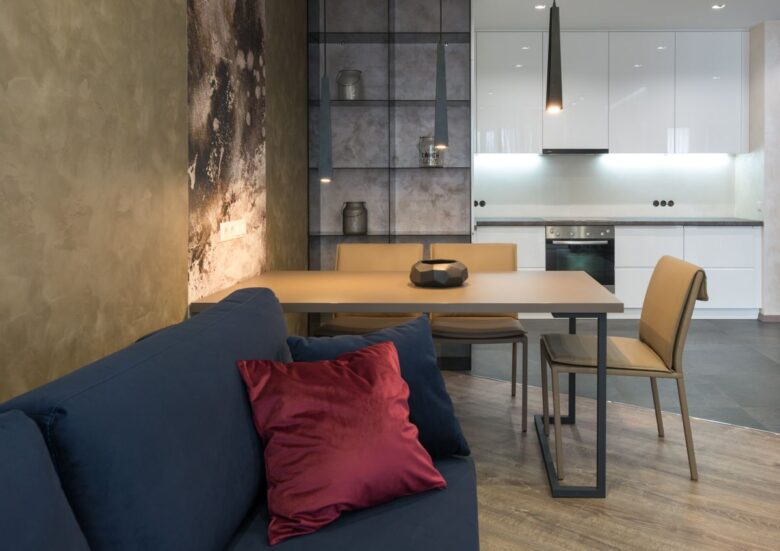 Elegant modern living room with minimalist design and contemporary furniture accents.