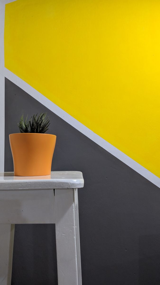 Orange potted plant on a white stool against a geometric yellow and gray wall indoors. Orange potted plant on a white stool against a geometric yellow and gray wall indoors.