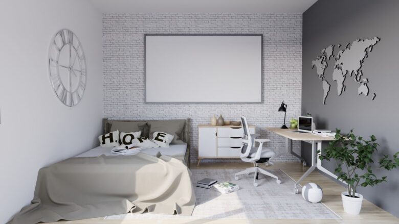 Contemporary bedroom featuring a workspace and stylish decor elements, ideal for productivity.