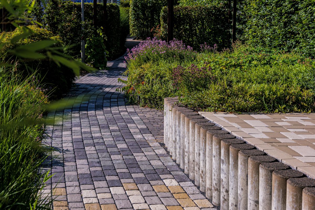 A picturesque stone pathway winding through lush greenery in Coesfeld, captured on a sunny summer day. A picturesque stone pathway winding through lush greenery in Coesfeld, captured on a sunny summer day.