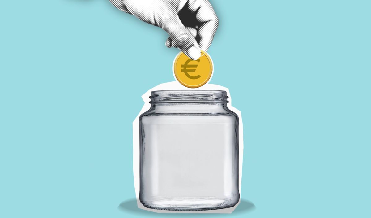 Decorative cardboard appliques of hand with euro coin above jar representing money saving process on blue background Decorative cardboard appliques of hand with euro coin above jar representing money saving process on blue background