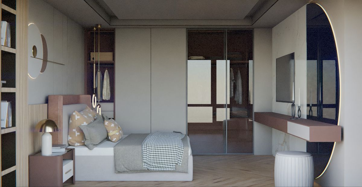 Chic and minimalist bedroom with contemporary design in U?ak, showcasing elegant furnishings. Chic and minimalist bedroom with contemporary design in U?ak, showcasing elegant furnishings.